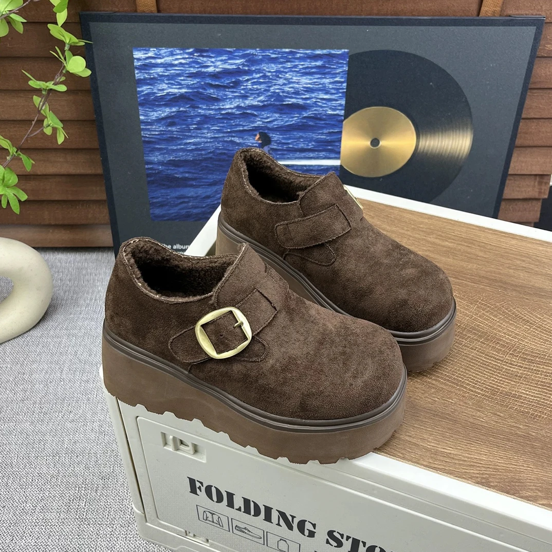 87668-D冬季新款厚底轻便勃肯鞋女加绒复古风搭扣深口休闲棉鞋