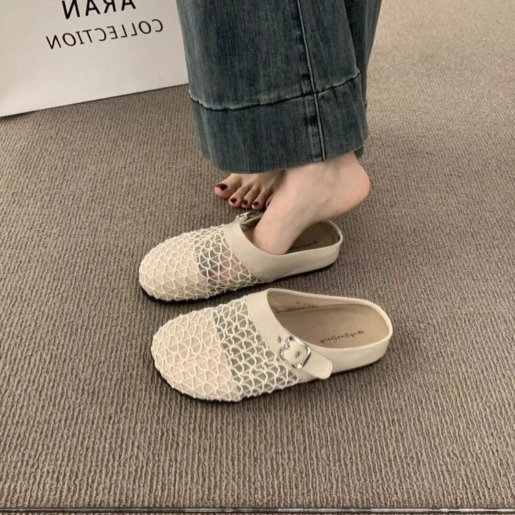 法式小众镂空透气网纱包头半拖鞋女夏外穿一脚蹬厚底渔网勃肯鞋子