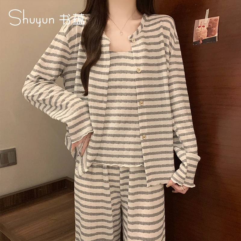 睡衣春秋长袖长裤时尚条纹家居服宽松慵懒韩版百搭吊带休闲三件套
