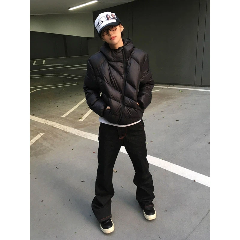 黑色放射线斜拉链排骨短款棉服男女冬季防风保暖棉衣美式连帽外套