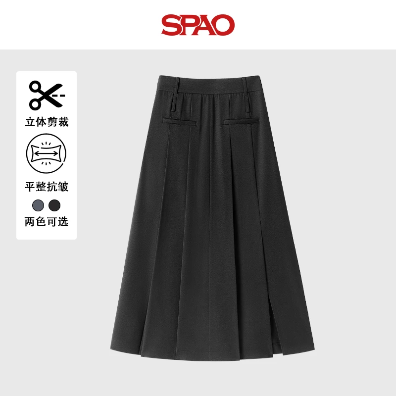 SPAO韩国同款a字百褶半身裙女春秋学院风高腰中长款裙西装裙子ZL