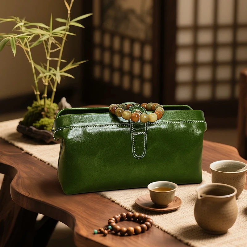 鹿师傅文玩收纳真皮包复古棕色疯马皮油蜡皮牛皮气质高档休闲女士