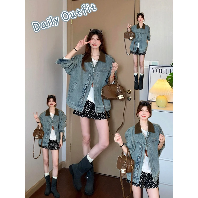 小众水洗做旧牛仔外套女秋季新款设计感休闲百搭撞色翻领夹克上衣