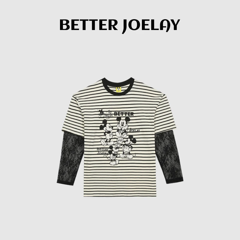 BETTER JOELAY-【妙想米奇】时尚百搭条纹蕾丝拼接长袖休闲风KH1733