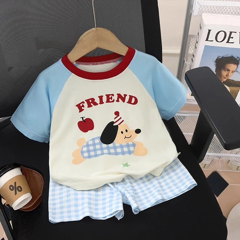 儿童夏季睡衣短袖短裤套装女童男童宝宝卡通宽松夏季莫代尔家居服