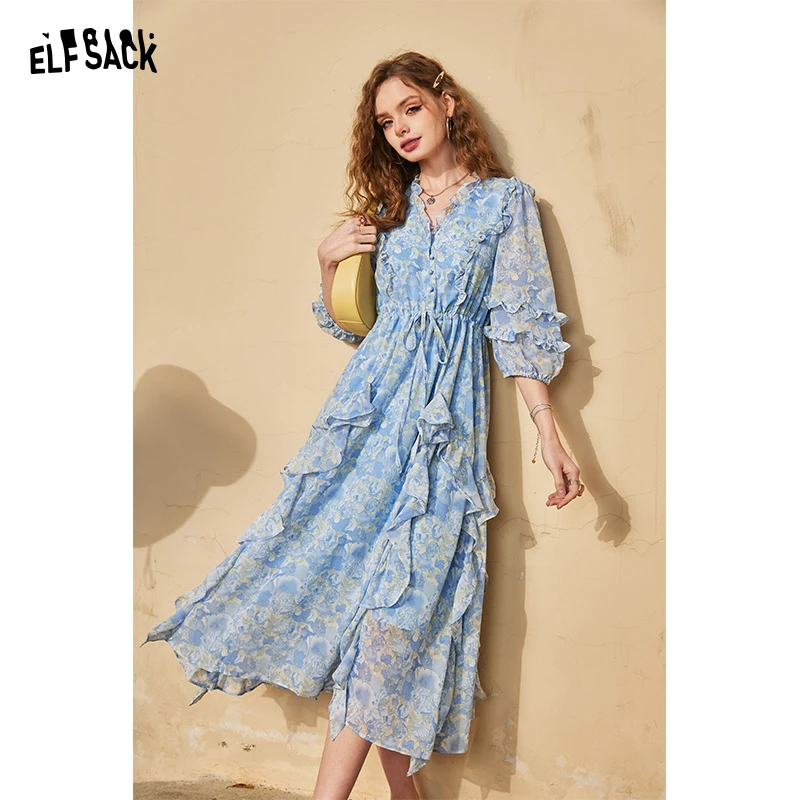 妖精的口袋 热带情书 法式v领碎花连衣裙女2024年春新款收腰显瘦