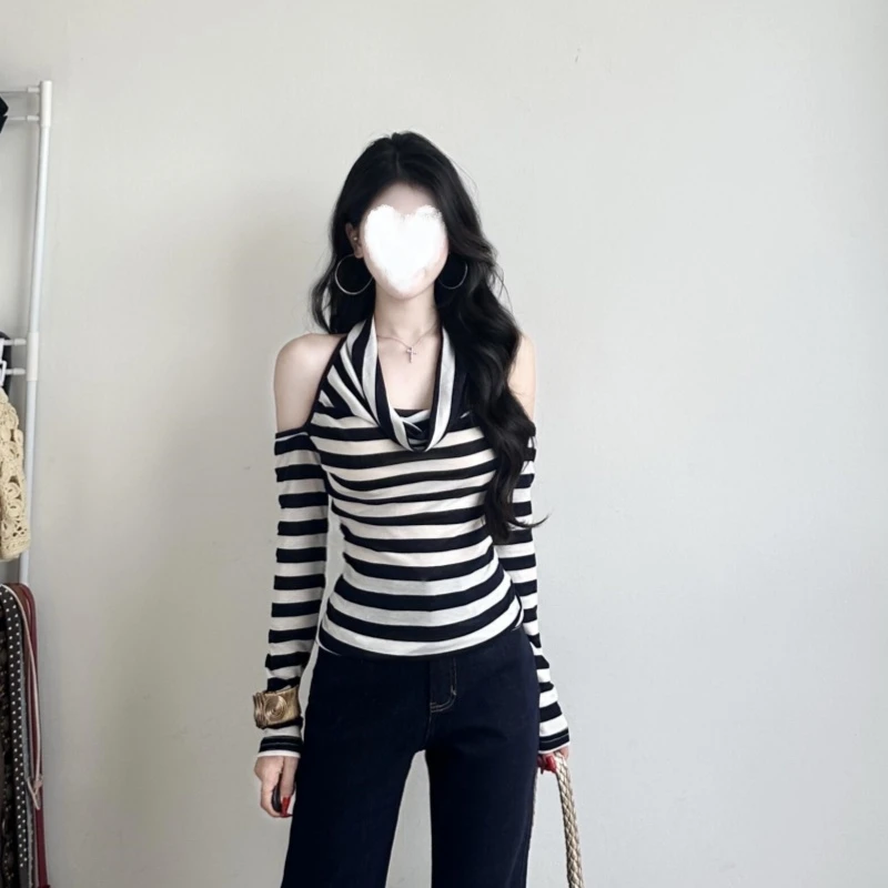 YIDENG条纹挂脖荡领露背长袖T恤女秋季辣妹露肩显瘦打底衫上衣