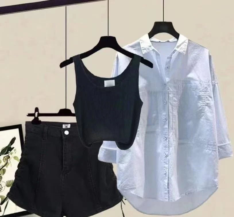 休闲风韩系通勤静奢风时尚套装气质衬衫背心宽松短裤