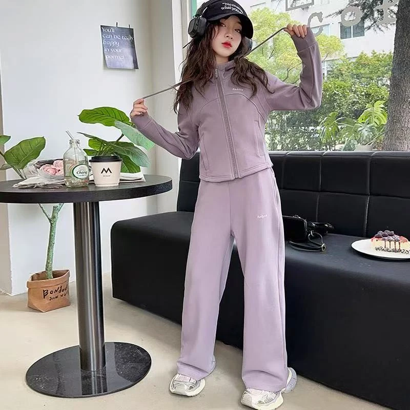 女春秋常规款拉链休闲风女童运动休闲阔腿微喇两件套紫色多巴胺