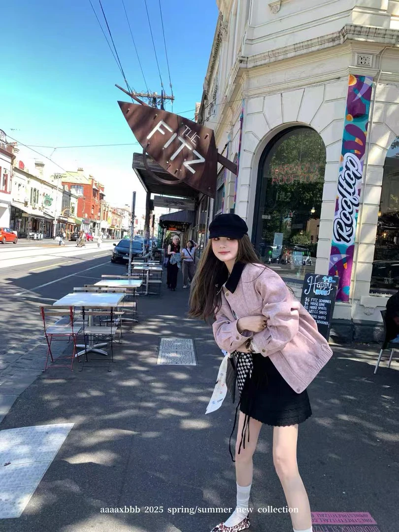 玫瑰茶渍 巴恩风两色拼接领外套女宽松廓形口袋显瘦上衣
