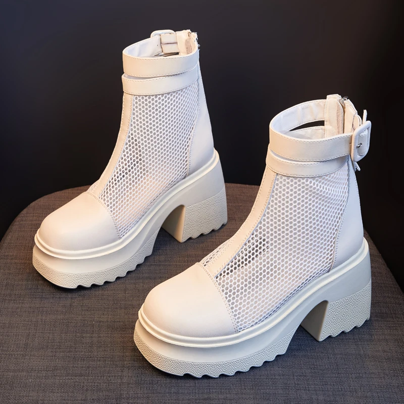 【小辣椒公主10CM增高跟】中筒马丁靴女夏薄款透气短靴镂空网靴配裙