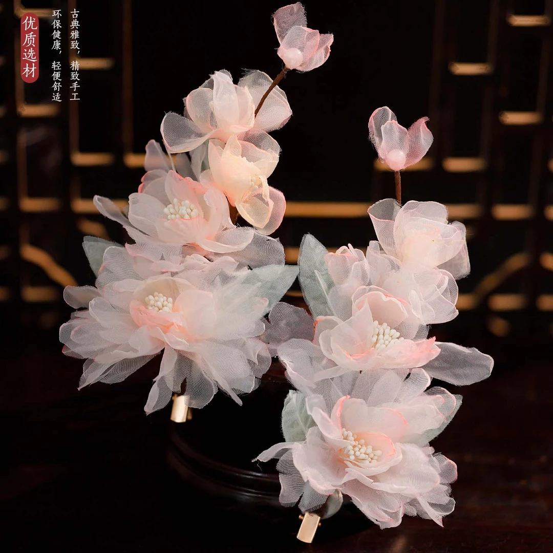 古风汉服发饰百搭绢纱烫花手工对夹头饰粉色可爱花朵清新头饰发夹