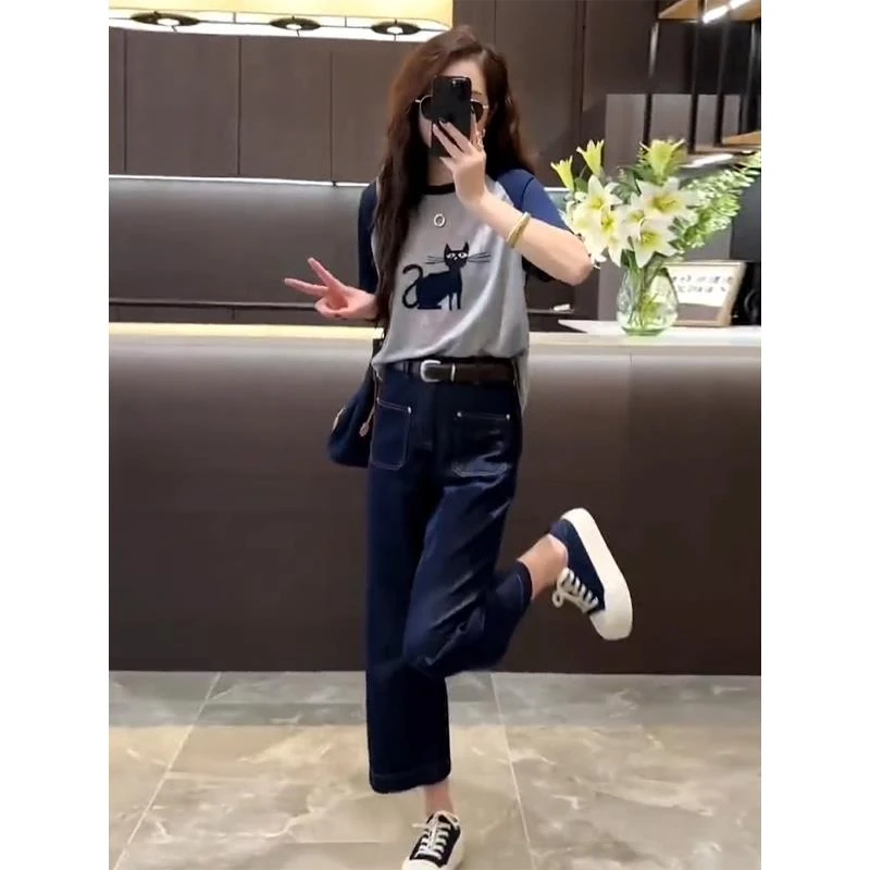 夏装搭配一整套今年流行撞色设计T恤上衣+时尚阔腿九分裤两件套女