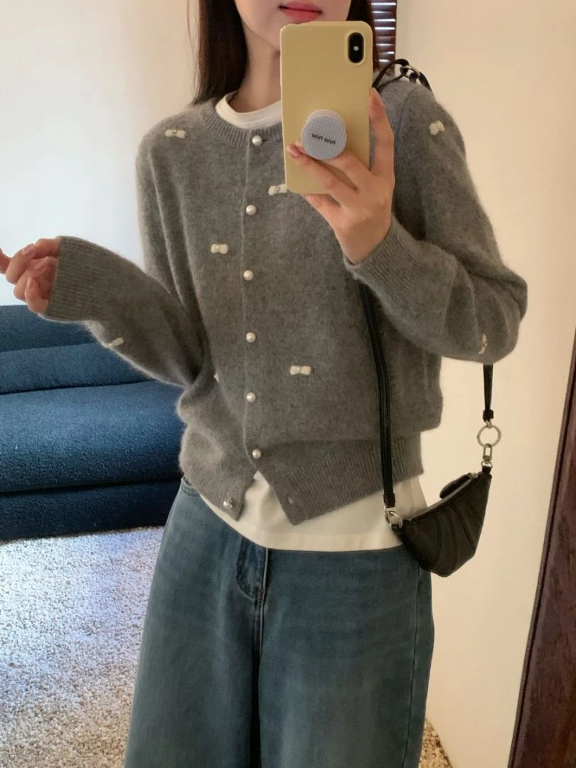 【素简.960113】秋冬新款重工蝴蝶结开衫设计绵羊毛混纺针织衫