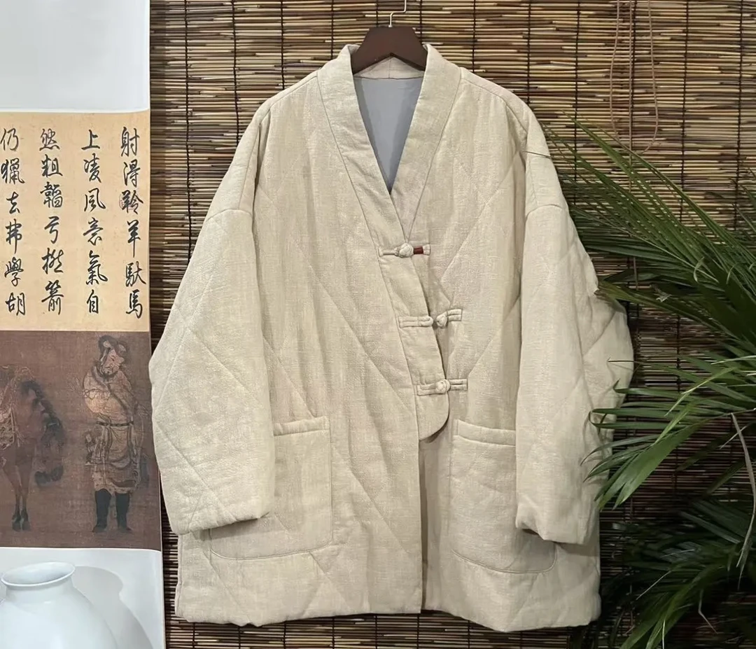 亚麻V领斜襟禅意盘扣外套设计款宽松中式棉衣