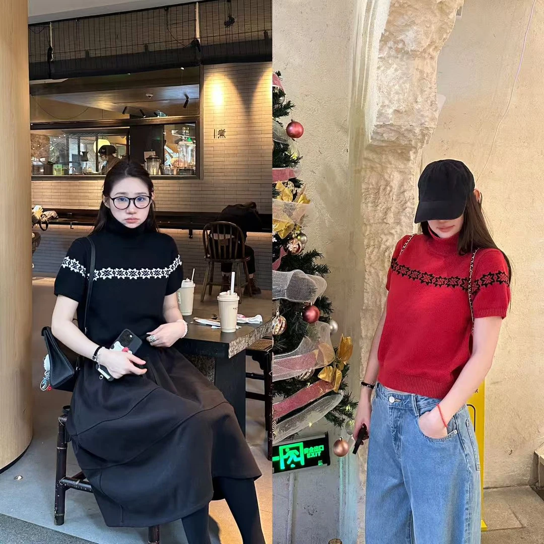 LA  复古提花 高领 半袖针织上衣 32069