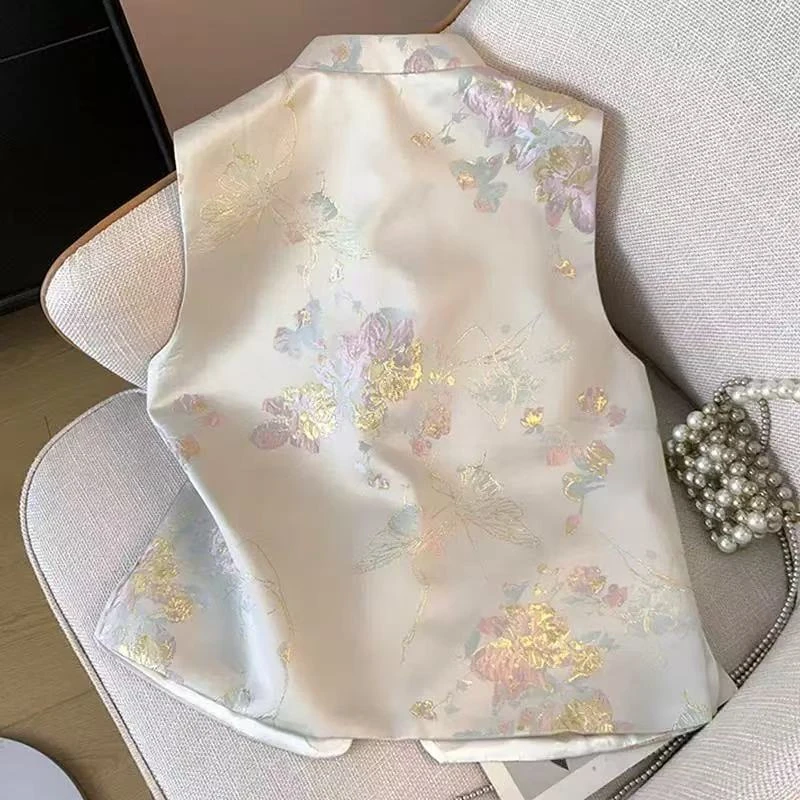 J027新中式马甲女款新款高端醋酸上缎面马夹背心外搭国风无袖衣
