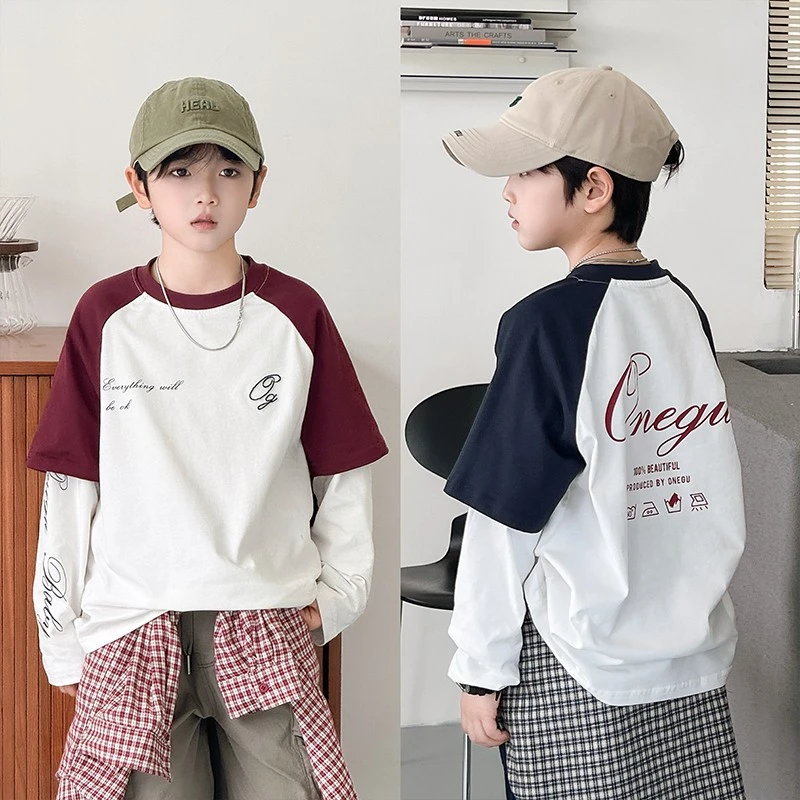 Y8561儿童假两件长袖T恤2025新款男童春装打底衫青少年潮童装上衣