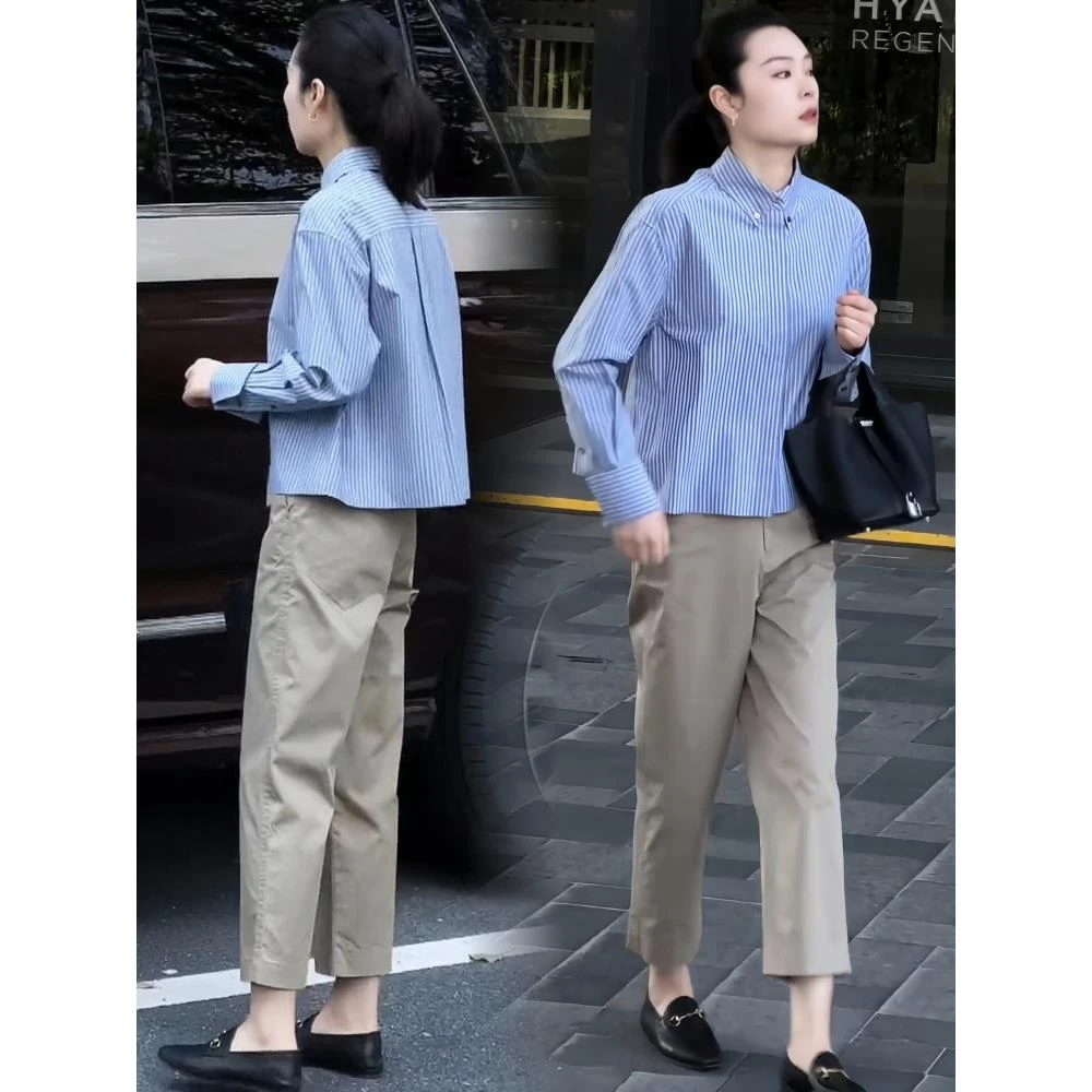 法式时尚职业套装女士春夏季新款条纹衬衣休闲裤子减龄穿搭两件套