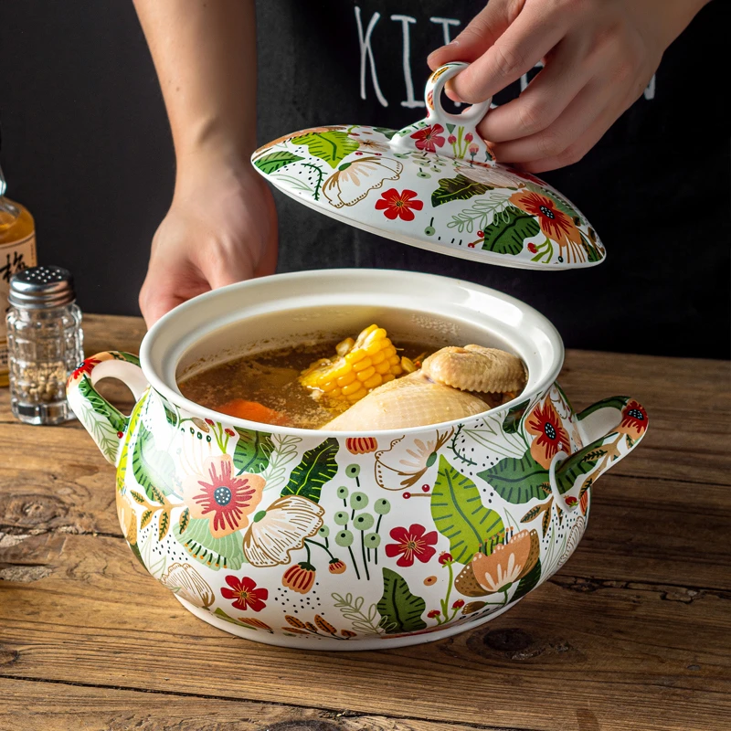 【七彩带盖汤锅】新疆包邮人工釉下彩家用陶瓷2000ml