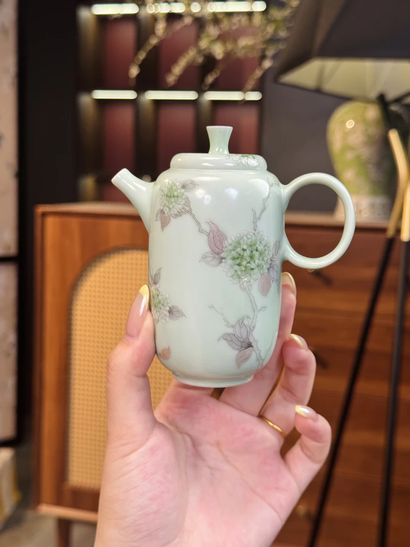 合吾  抹茶奶绿木绣球花执壶   茶道手作纯手工饮茶手作银