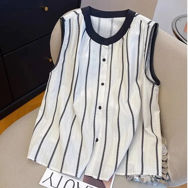 高级感条纹薄款无袖衬衫女2025年夏季新款宽松撞色小个子背心上衣