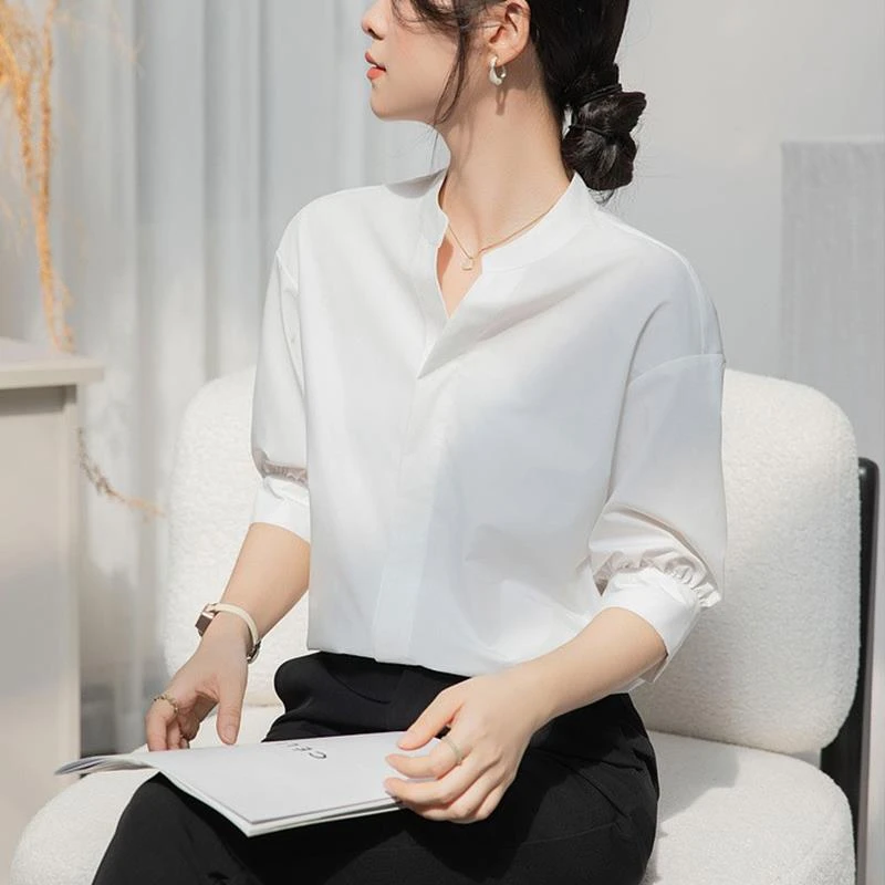 法芬图法式立领女士白色衬衫夏季2025新款气质正装职业短袖衬衣百