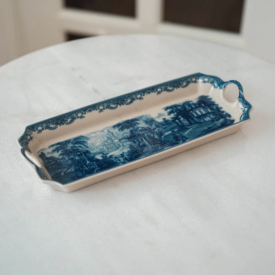 【奇居巍】西洋中古瓷器 蓝色风景双耳长方形盘子#H0035