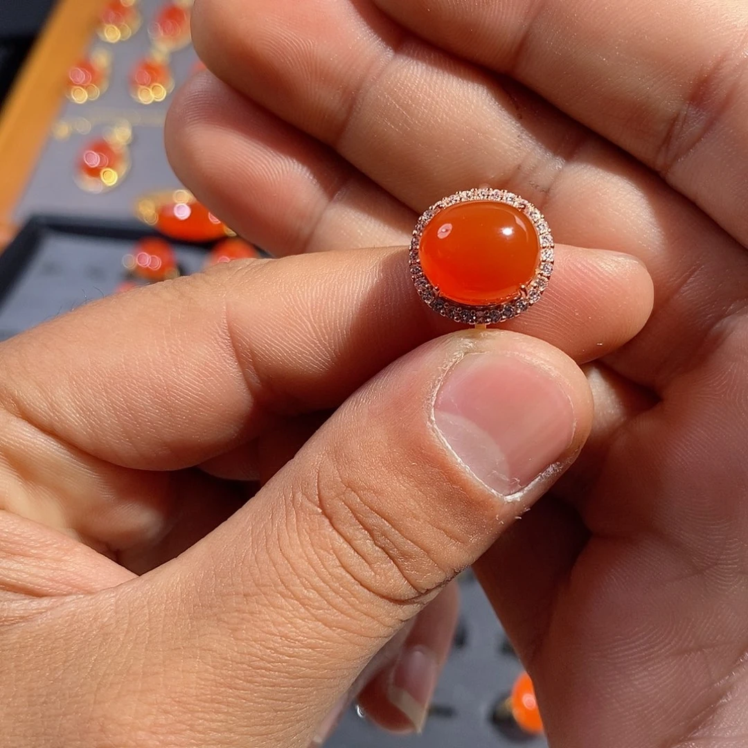 南红玛瑙戒指银S925镶嵌