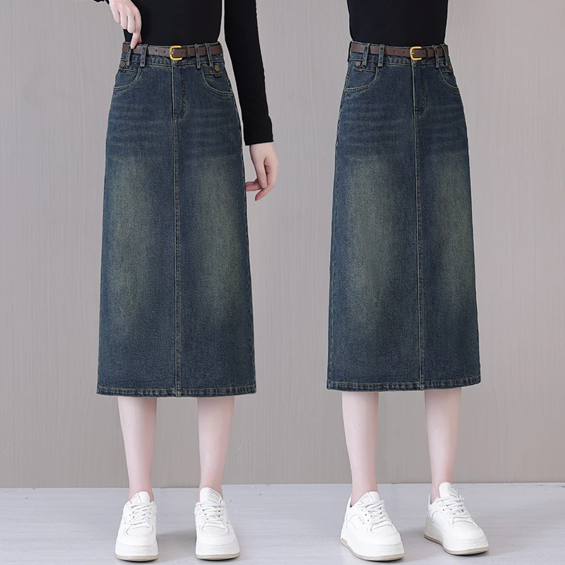 复古蓝牛仔休闲半身裙女2025秋季新款高腰做旧中长款开叉一步裙子