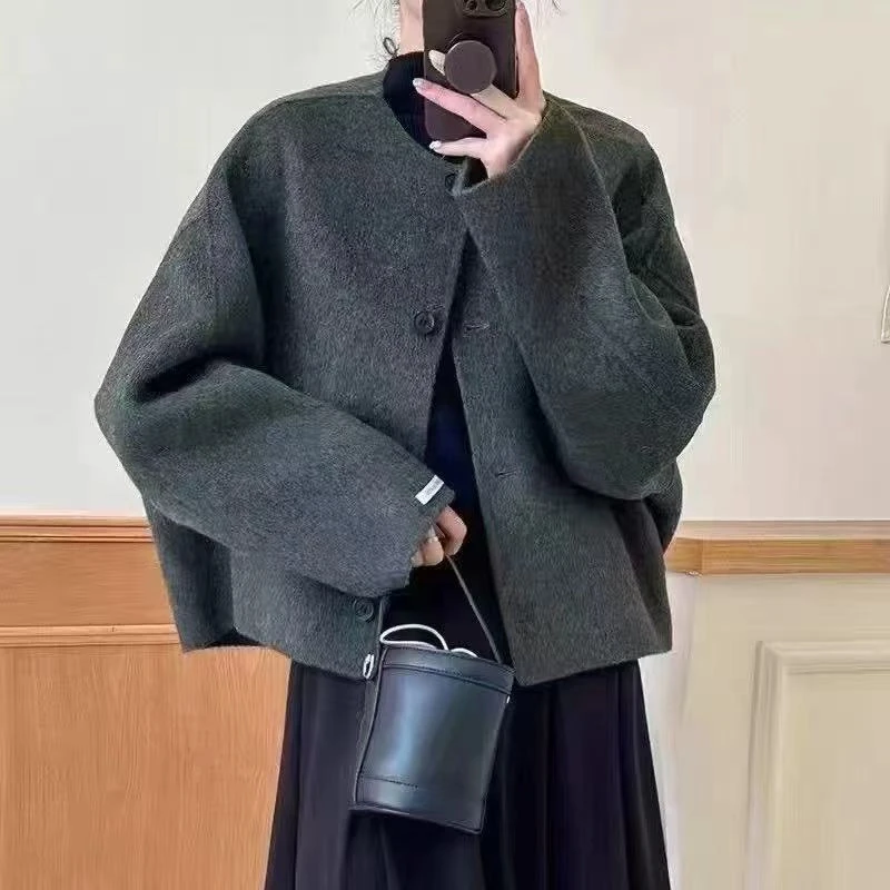 老钱风春秋冬女圆领薄款毛呢羊毛外套大衣秋冬赫本风气质短款3