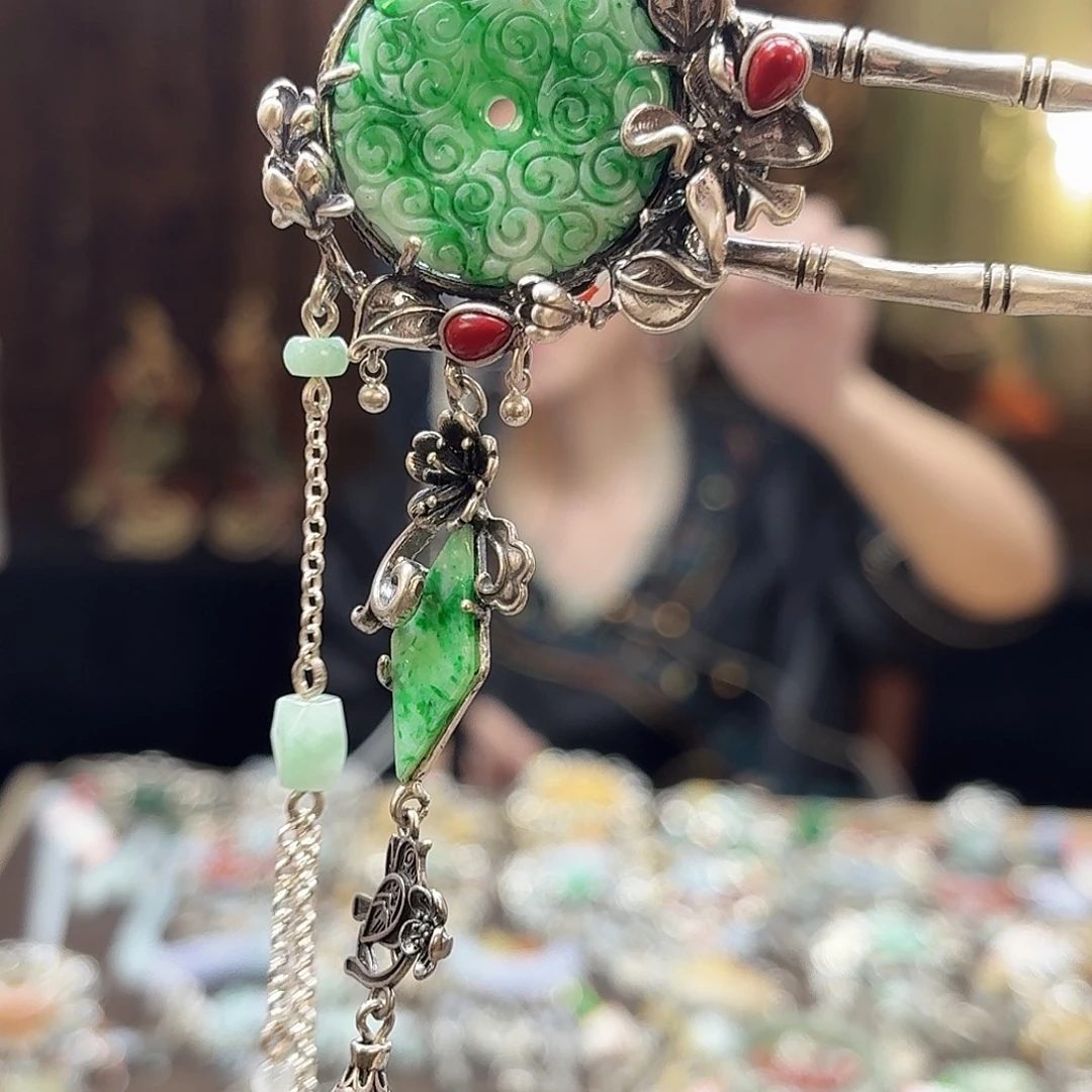 翡翠银S925镶嵌发簪发簪