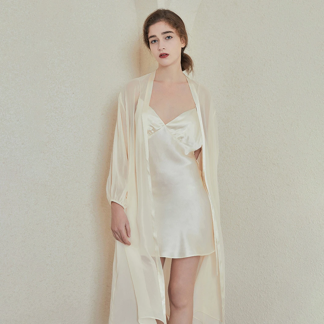 蝶绣乔其纱单件真丝睡袍女春夏性感感100桑蚕丝真丝睡衣女