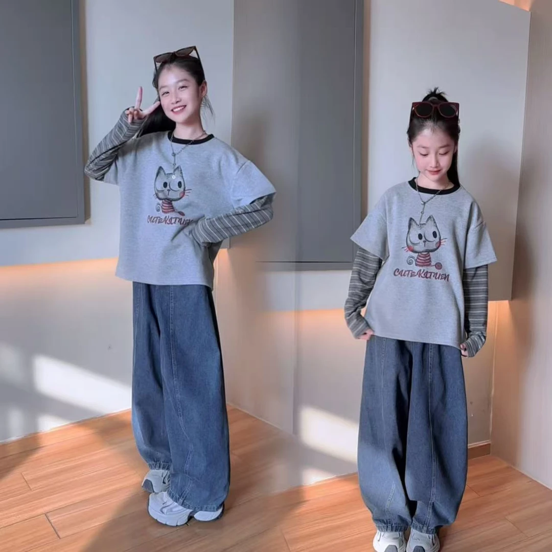 女童秋款猫咪假两件上衣牛仔裤套装中大童春秋印花长袖时尚两件套
