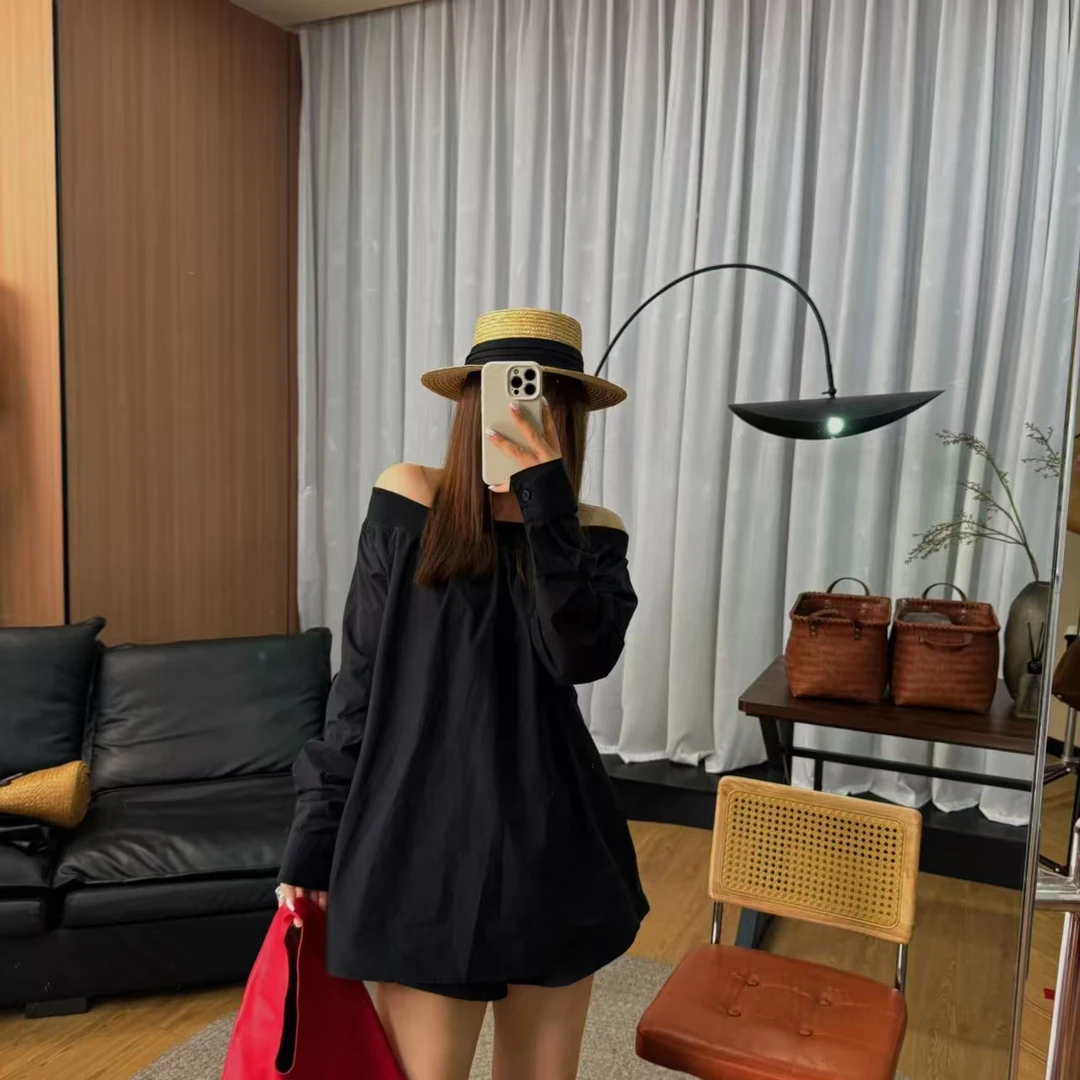 『-YZ』QINGSHEN一字肩大版秋冬衬衣裙小众设计师慵懒时尚气质款