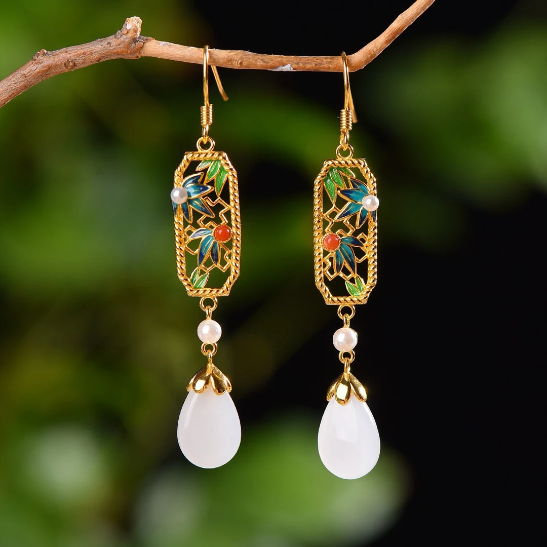 S925银镶嵌天然和田玉水滴耳坠古典风格竹叶青耳环新中式耳饰5011