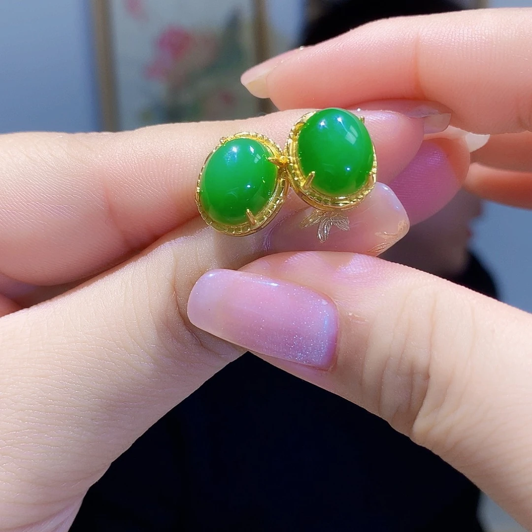 和田玉（碧玉）耳饰银S925镀金镶嵌