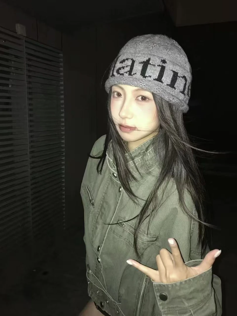 韩系个性字母针织冷帽女秋冬季护耳保暖时尚百搭显脸小毛线包头帽