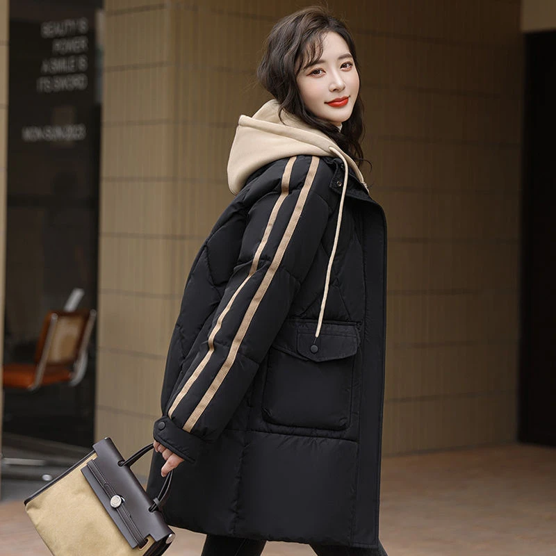 高端假两件连帽拼色棉服女中长款2025新款棉衣宽松冬季加厚外套潮