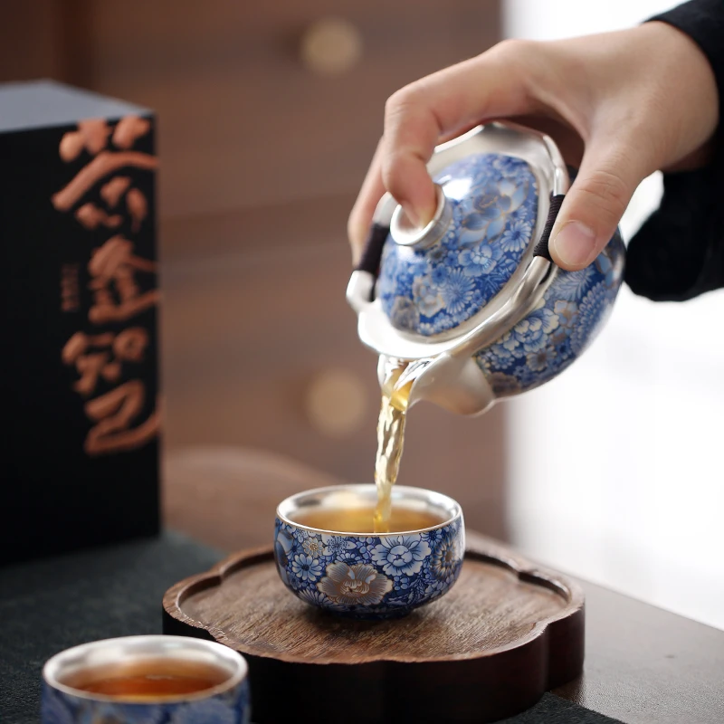 青花鎏银繁花似锦手抓壶茶壶单壶家用泡茶高档一壶两杯功夫茶具