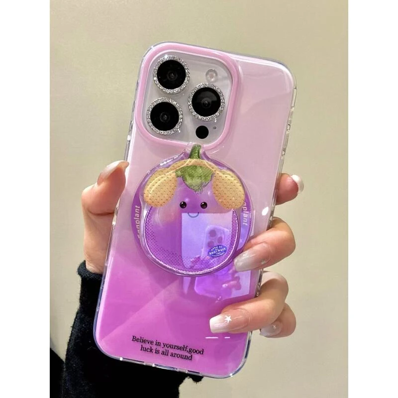 简约ins紫粉渐变Q萌茄子磁吸适用iphone16promax苹果15手机保护壳
