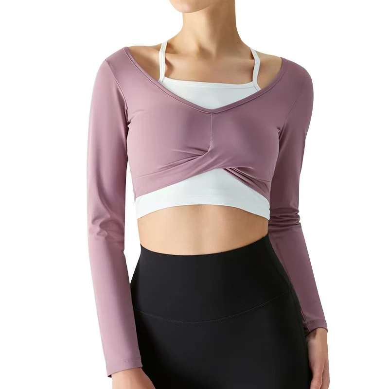 GWDSL612 新款挂脖假两件固定杯交叉褶皱瑜伽健身长袖