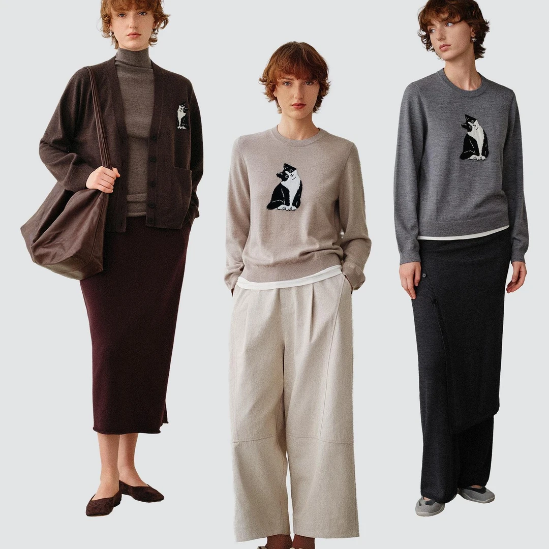 TONE•E"歪头宠"羊毛萌趣猫咪图案罗纹休闲套头衫/V领针织开衫