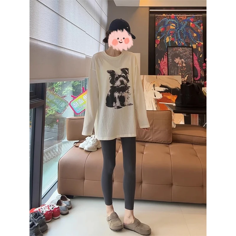 韩版大版宽松中长款圆领套头T恤女春秋2025新款小狗印花长袖上衣