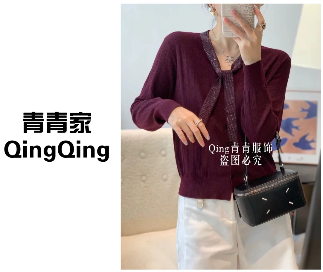 青青家 秋季新款高级洋气拼接飘丝带时尚百搭针织衫-66502