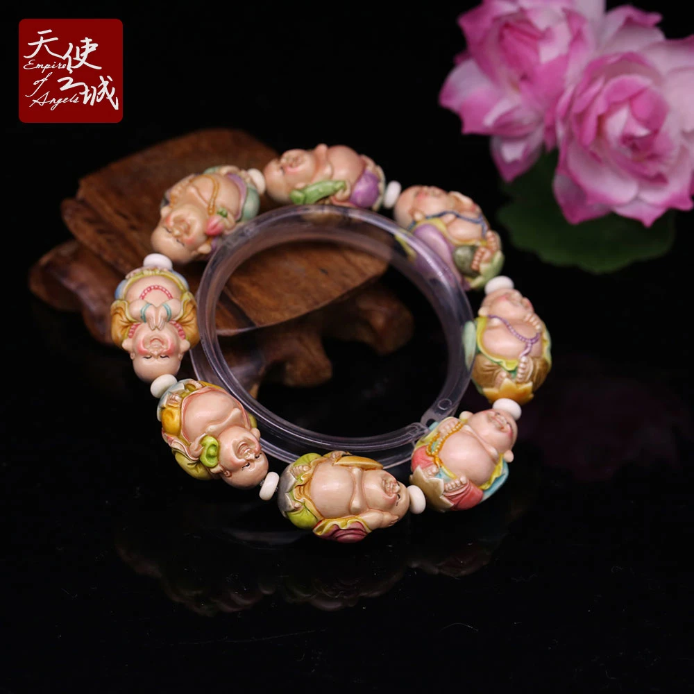天然猛犸象牙八大弥勒佛手串满工雕刻彩绘笑佛念珠串把玩件