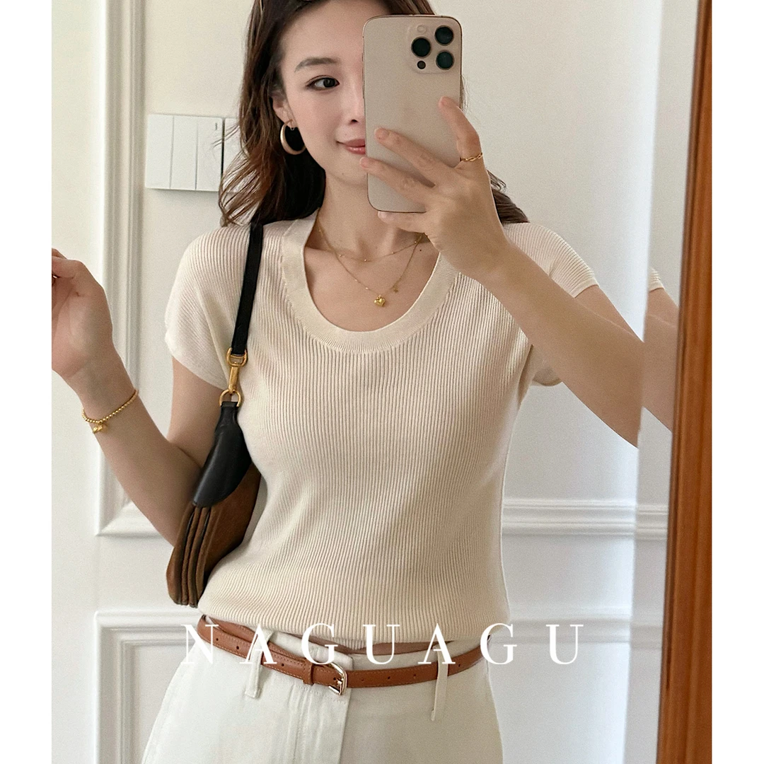 【soft简舒针织】兰精天丝蚕丝混纺 U领短袖针织衫FX1ZS1590-A