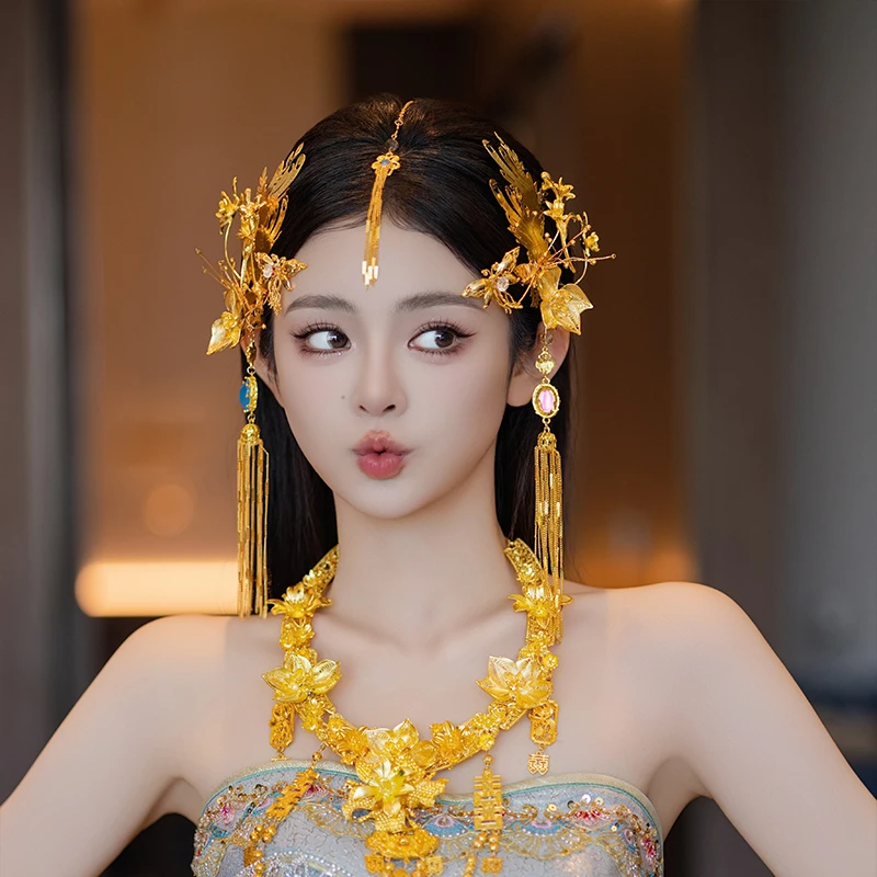 合金婚庆饰品 新娘新中式金色流苏眉心坠蜻蜓发簪订婚发饰MF2452