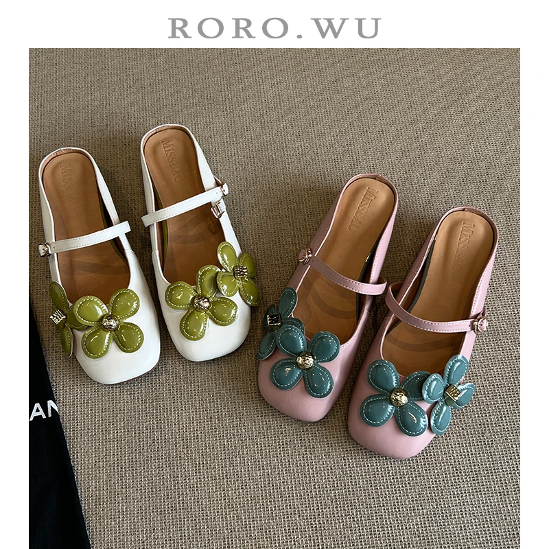 娆娆吴·羊皮夏季邻家甜美花朵小众设计感扣带百搭拖鞋T56