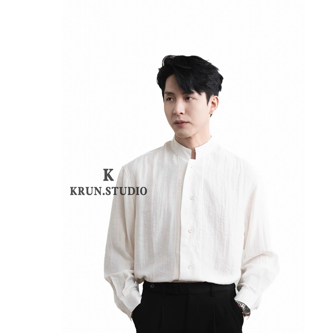 【KRUN】高级感新中式长袖立领衬衫韩系休闲百搭纯色薄款亚麻衬衣